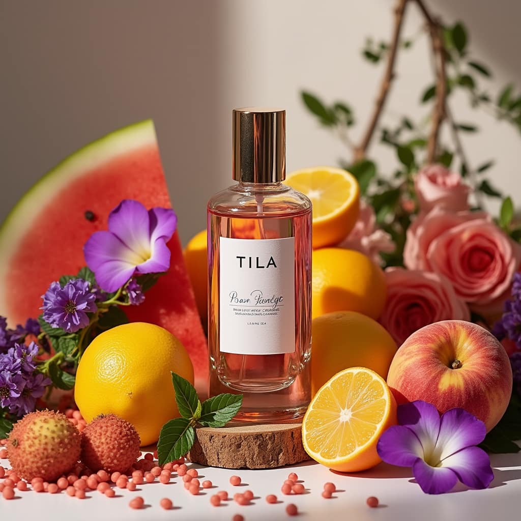عطر طیلا در کنار هلو هندوانه لیچی بنفشه گل رز