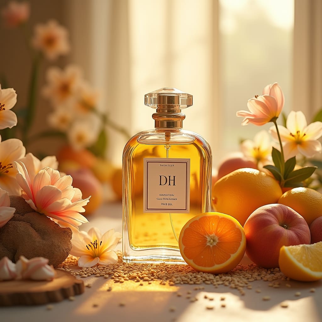 عطر دی اچ در کنار گلهای زیبا و هلو و پرتقال