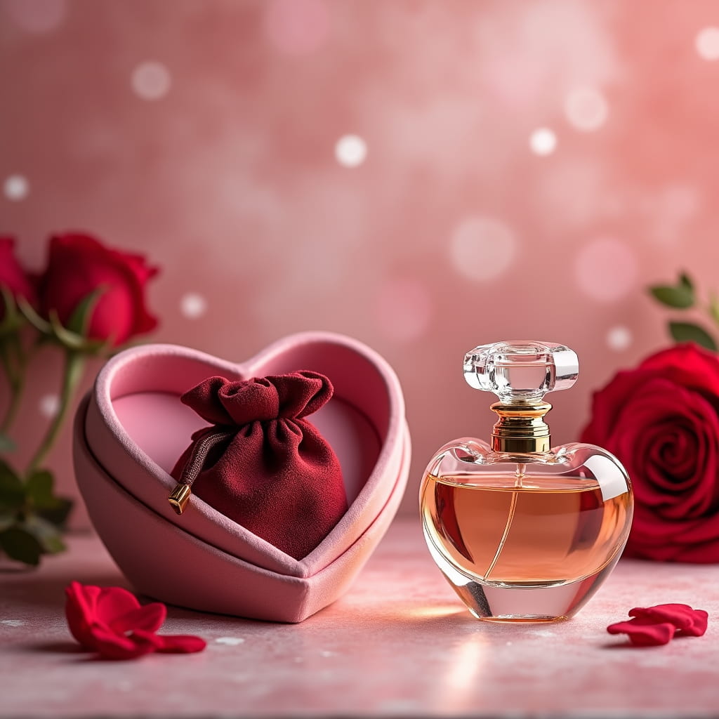 یک ادکلن هدیه ولنتاین در جعبه و پاکت مخملی و رز قرمز