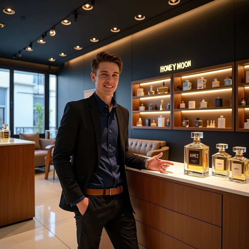 در فروشگاه هانی مون یک مشتری درباره عطر آمز صحبت میکند