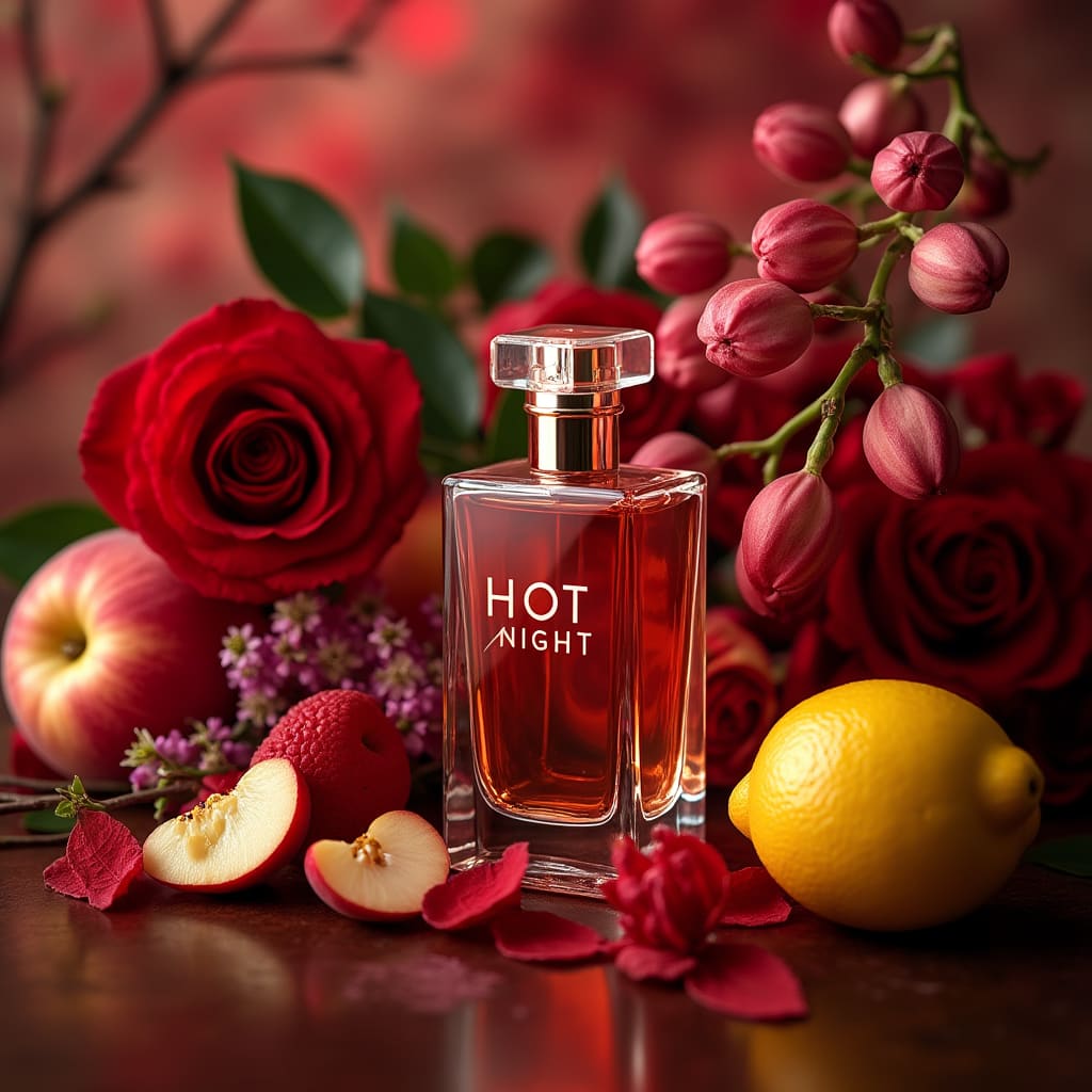 عطر هات نایت در کنار لیمو سیب و گلها