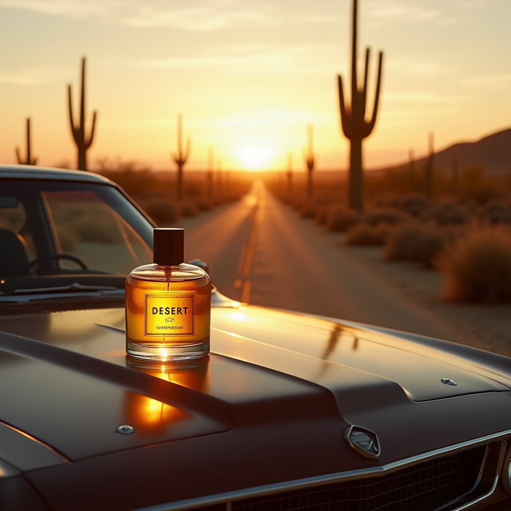 عطر دزرت روی کاپوت یک ماشین داخل یک جاده در وسط بیان