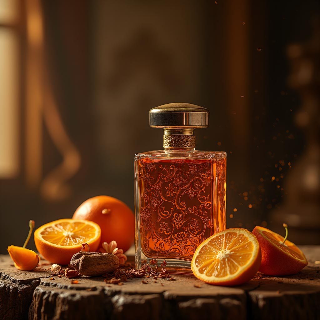 عطر آیهان بر روی تنه چوب در کنار پرتقال و ادویه