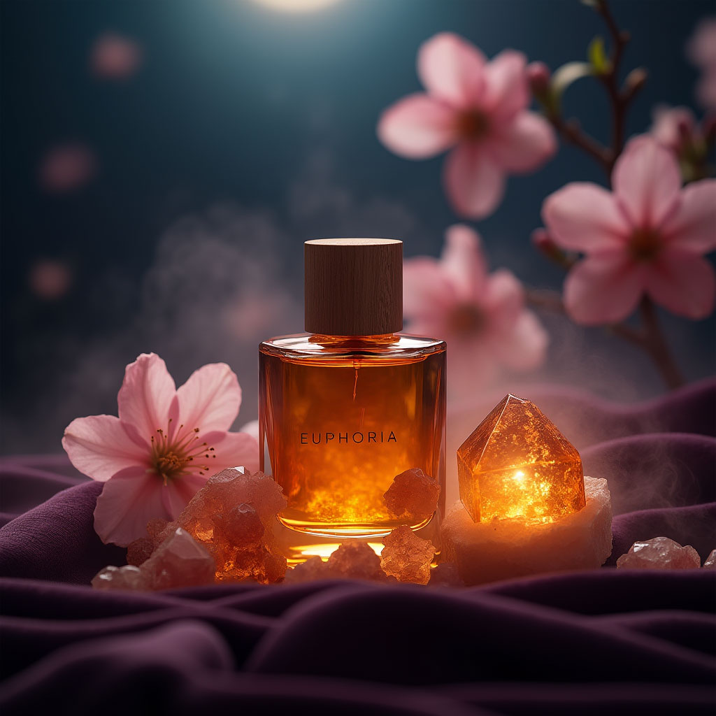 عطر ایفوریا هانی مون در کنار گل و کهربا