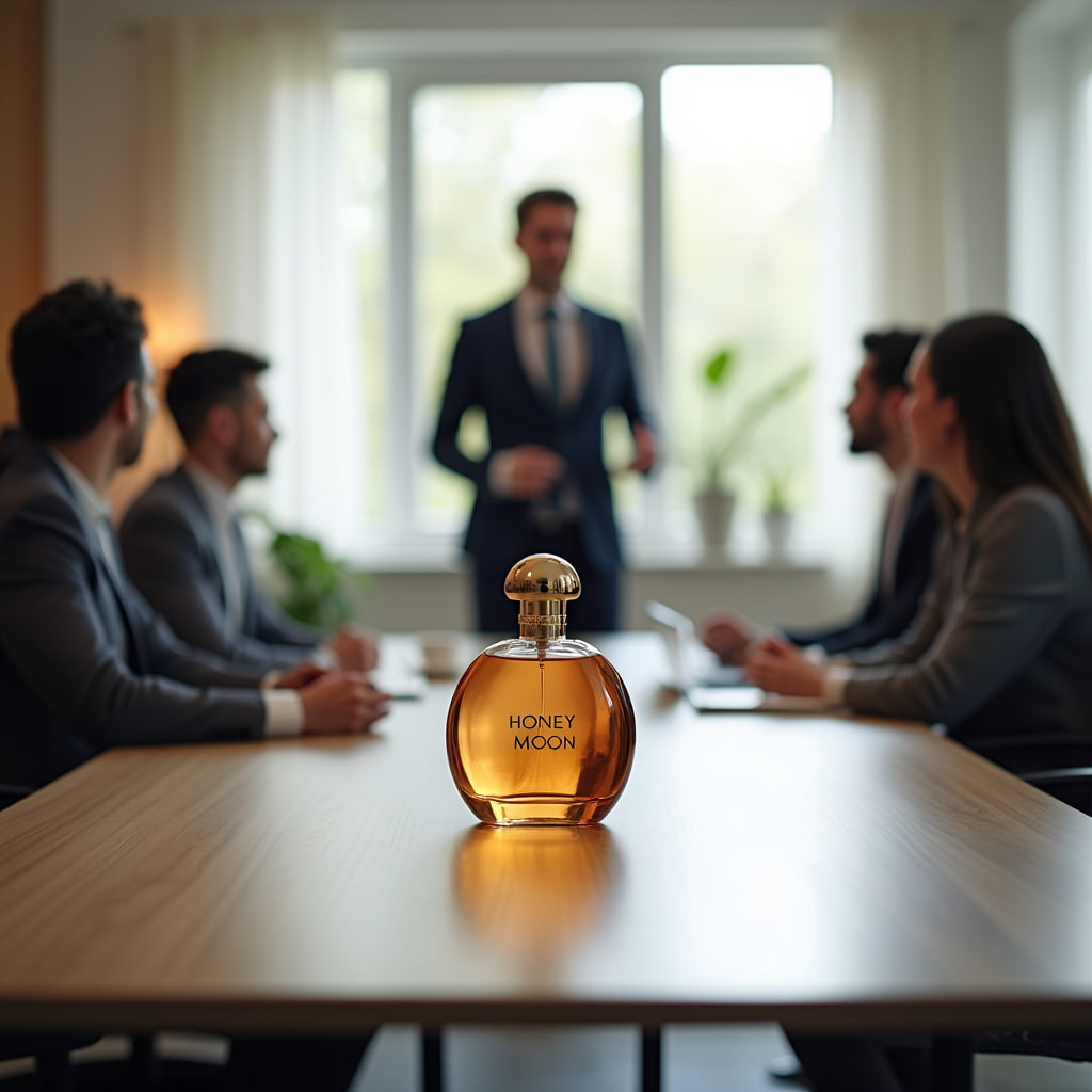 در جلسه کاری مدیر در حال صبحت کردن و عطر هانی مون روی میز است
