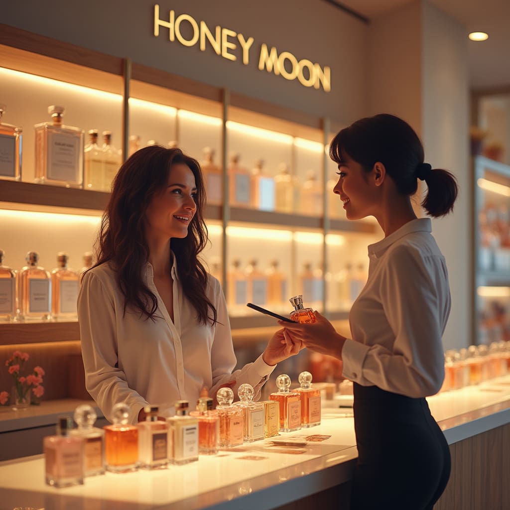 رد فروشگاه عطر هانی مون یک خانم در مشاوره دادن به مشتری است
