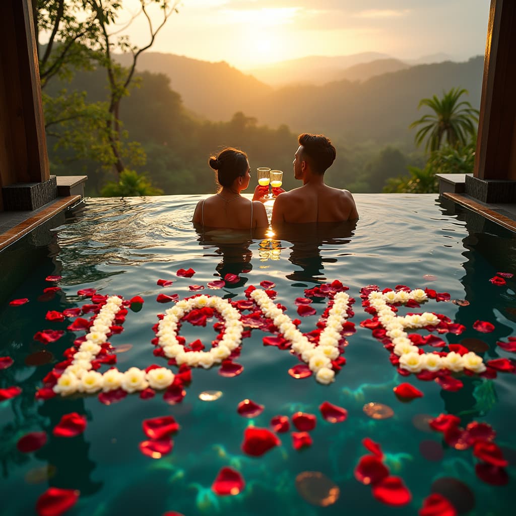 در یک استخر که با گل نوشته شده love یک خانم و آقا در آب هستند