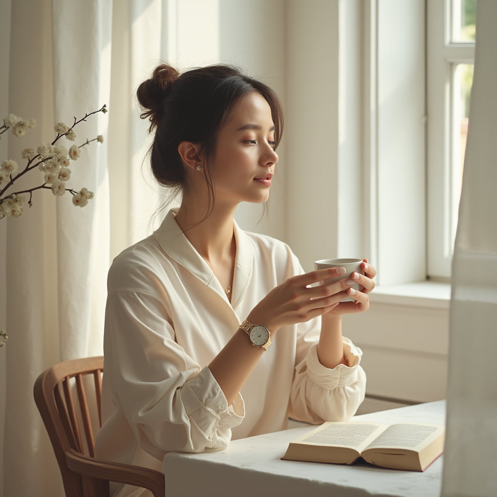 یک خانم جوان در حال کتاب خواندن و چای خوردن