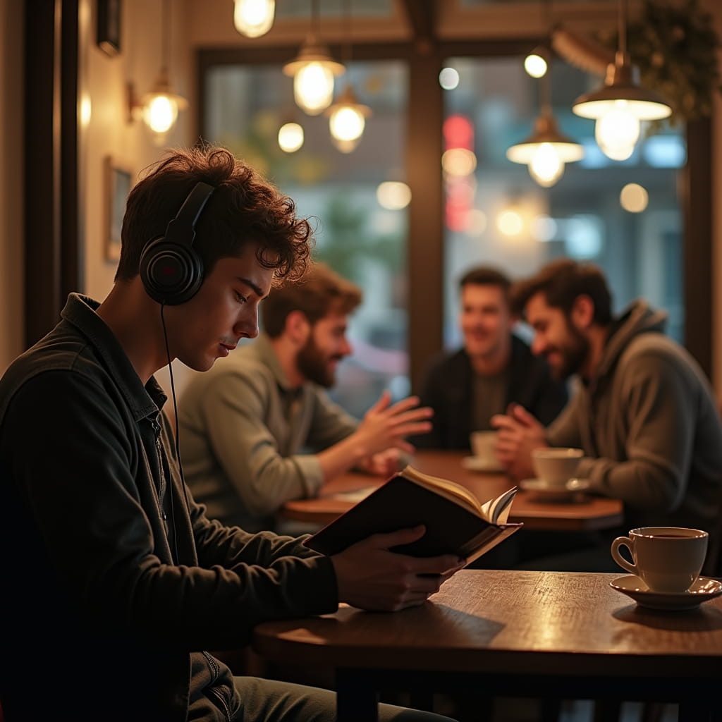یک مرد درونگرا در حال کتاب خواندن و چند مرد برونگرا در حال صحبت کردن