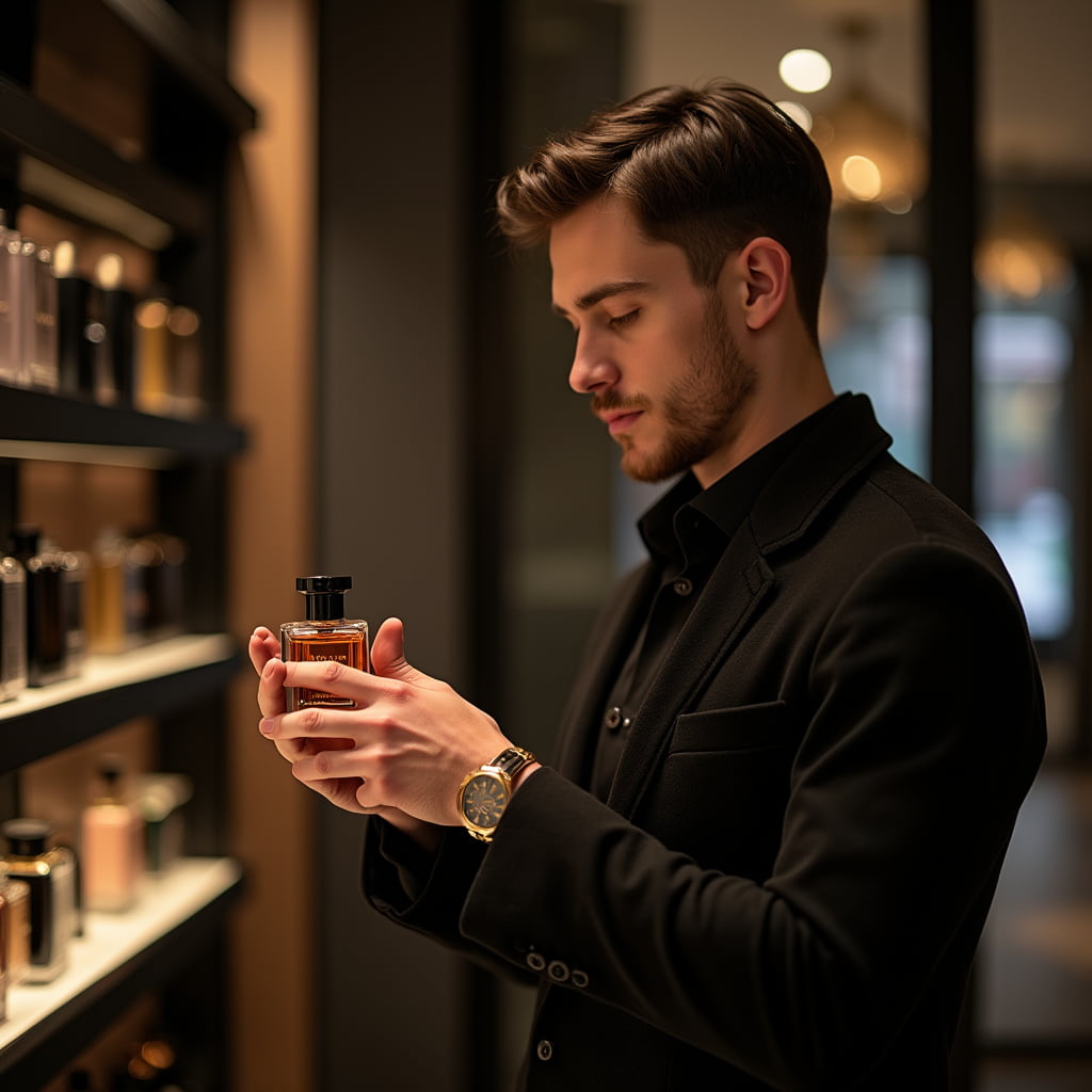 یک مرد جوان در عطر فروش یک ادکلن در دست دارد