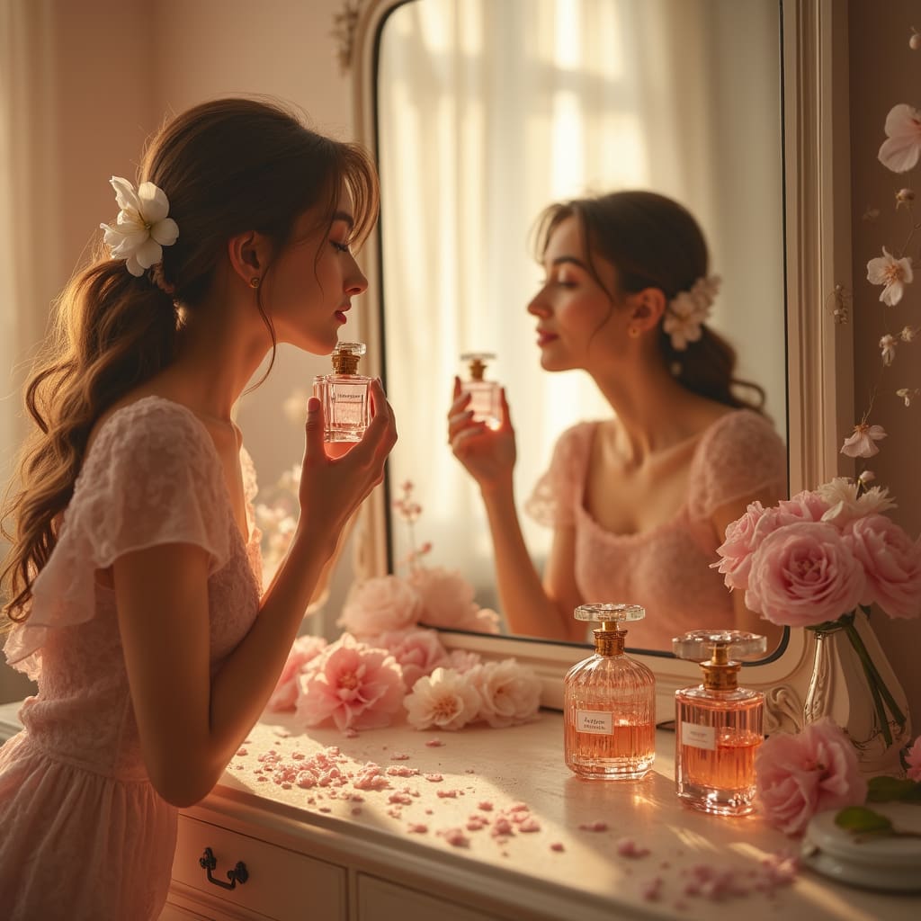 یک دختر جلوی آینه ایستاده و در حال بوئیدن یک عطر دخترانه است