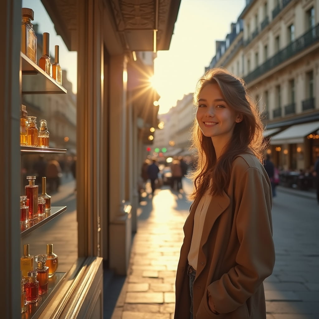 یک خانم جوان در خیابان روبه روی عطر فروشی ایستاده تا عطر مناسب شخصیت خود را انتخاب کند