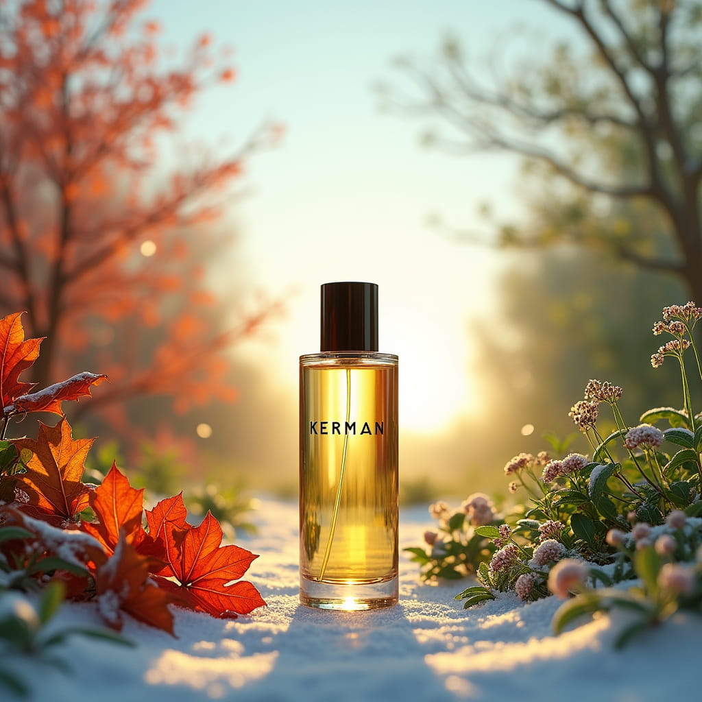 سمت راست تصویر درختان بهاری و تابستانی و سمت چپ درختان پاییزی و زمستانی و عطر کرمان در وسط