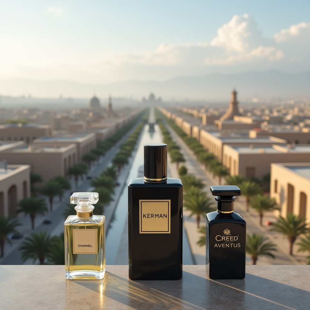 از پشت بام ساختمان که کل شهر دیده میشوند عطر کرمان درکنار ادکلن کرید و شنل