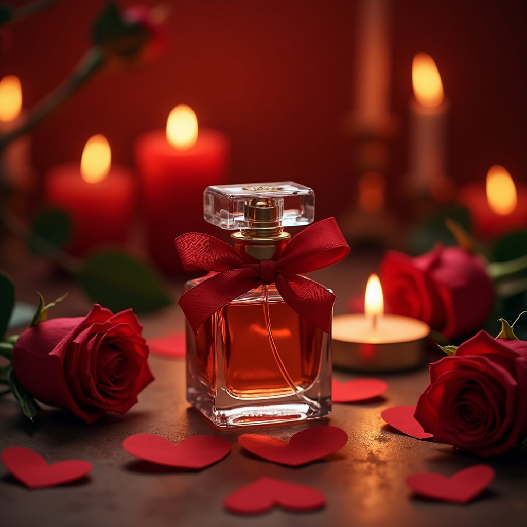 در فضایی عاشقانه یک ادکلن و شمع و گل وجود دارد
