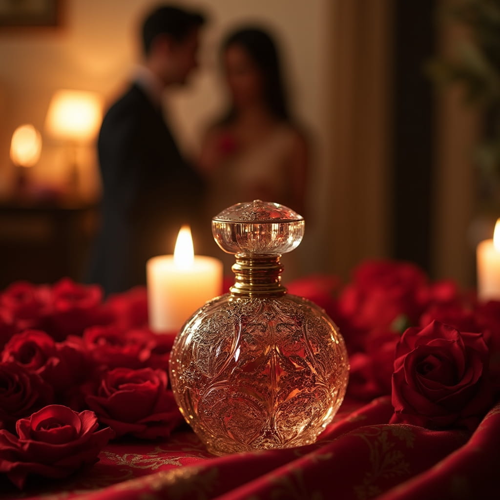 یک ادکلن در کنار گل و شمع و یک خانم و آقا در پس زمینه