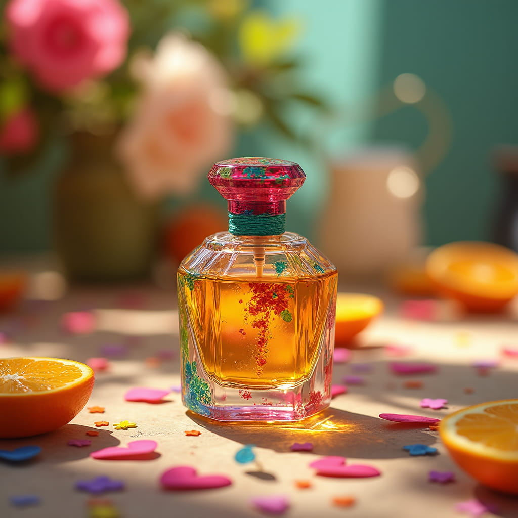 یک ادکلن رنگی با رنگ های شاد در فضایی شاد