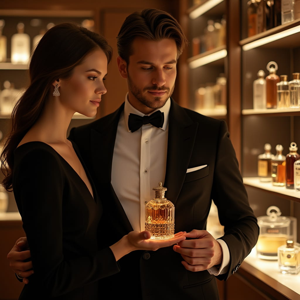 یک خانم و آقا در فروشگاه عطر یک ادکلن کارتیر در دست دارند.