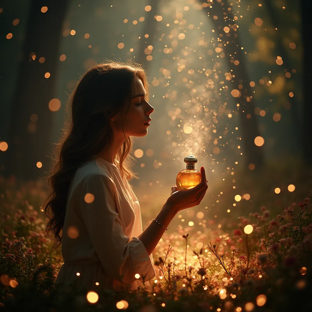 یک دختر در یک جنگل رویایی نشسته و یک عطر در دستش دارد