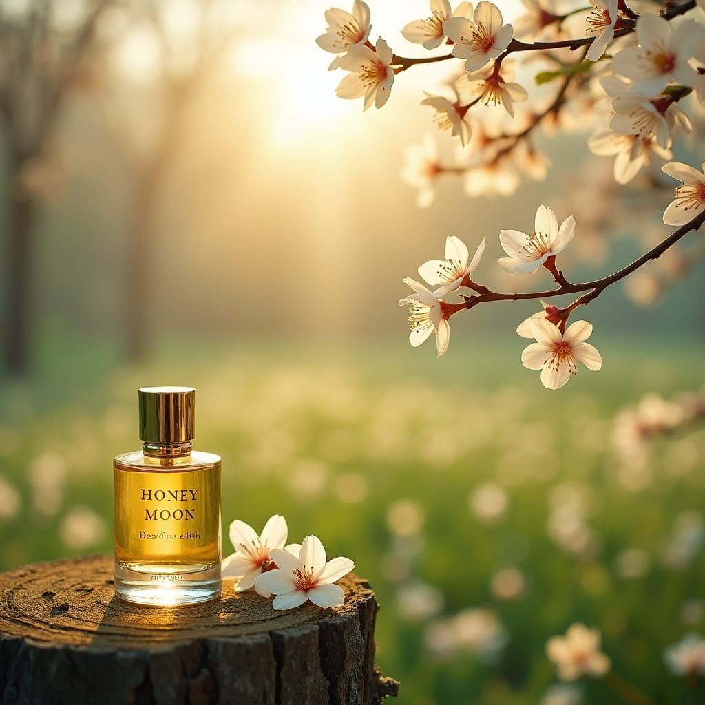 در یک باغ بهاری عطر هانی مون روی تنه یک درخت قرار دارد.