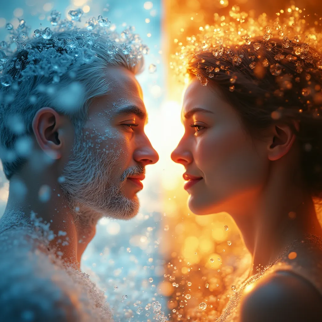 سمت راست یک خانم با فضایی گرم و در سمت راست تصویر یک آقا با فضایی سرد و زمستانی