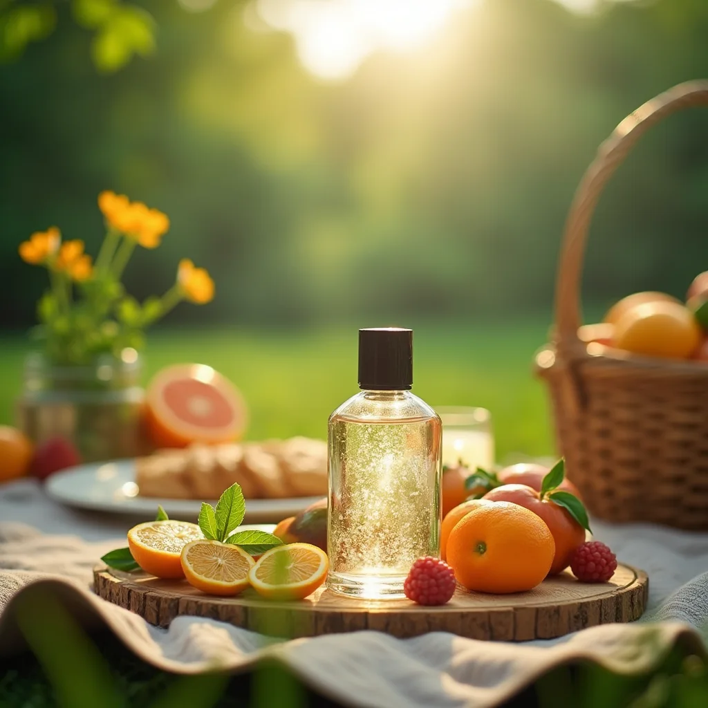 در یک باغ کنار سبد میوه و خوراکی یک شیشه عطر قرار دارد.
