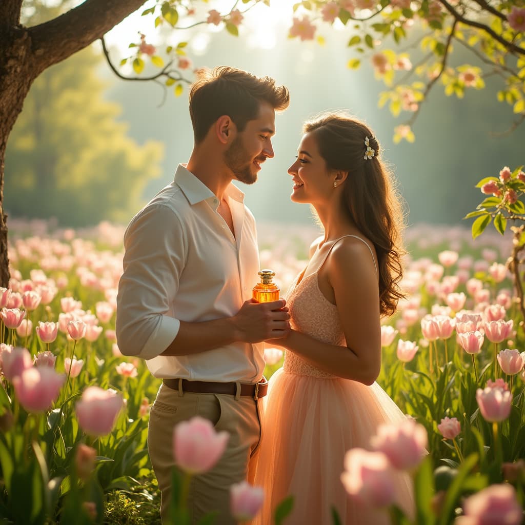 یک خانم و آقای جوان در باغی پر از گلهای بهاری