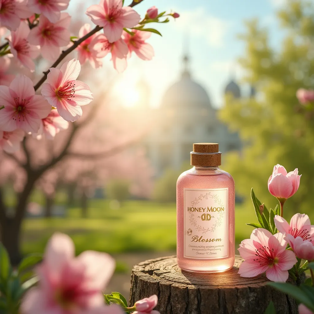 در باغ بهاری کنار گلها یک شیشه عطر قرار دارد.