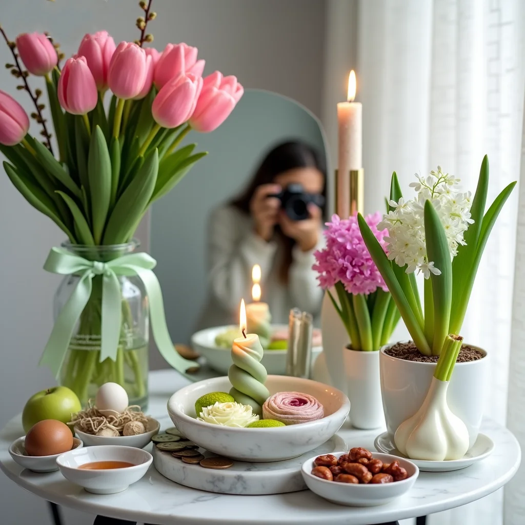 یک خانم در حال عکس گرفتن از سفره هفت سین