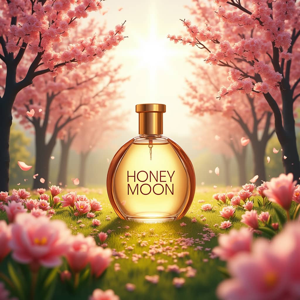 یک شیشه بزرگ عطر هانی مون در یک باغ پر از گلهای بهاری