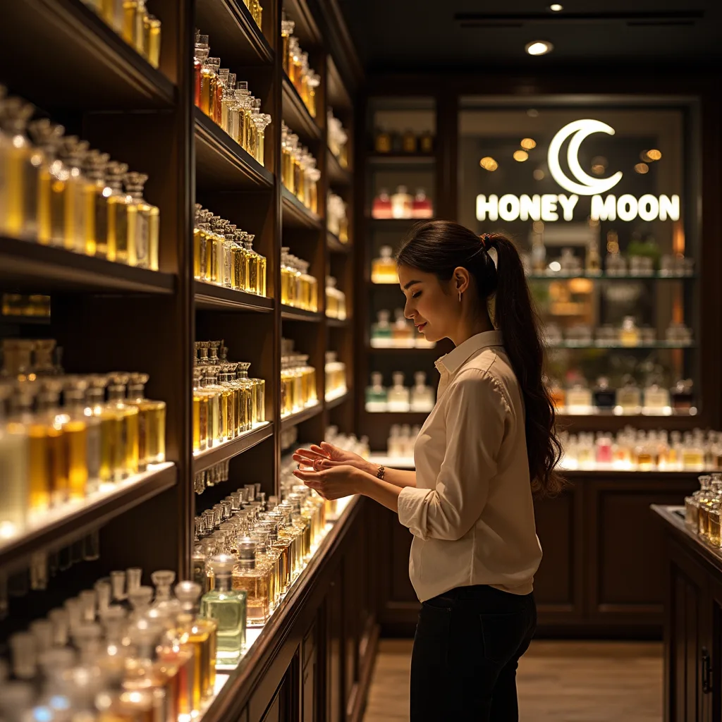 یک خانم در فروشگاه عطر هانی در حال تست عطر